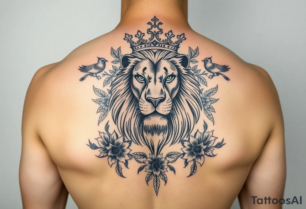 powerful majestic lion with a crown, surrounded by floral ornaments and birds tattoo idea