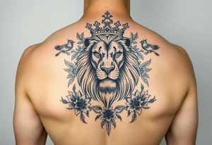 powerful majestic lion with a crown, surrounded by floral ornaments and birds tattoo idea