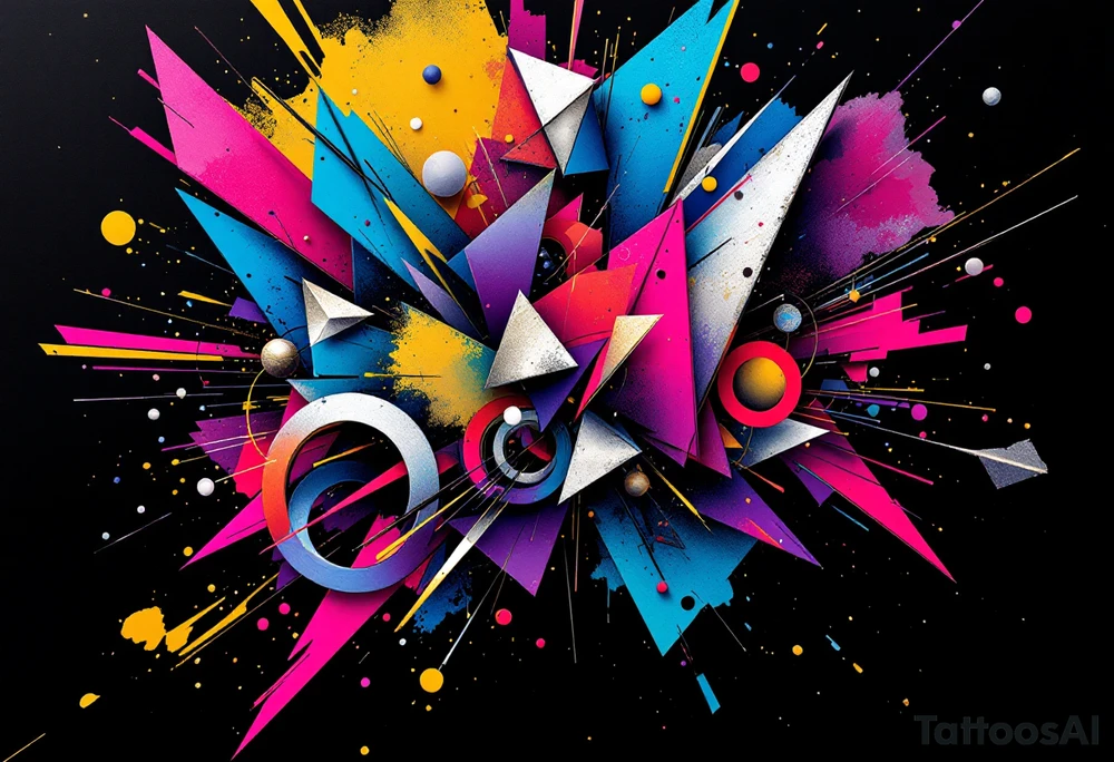 A vibrant abstract explosion of swirling geometric shapes, blending sharp lines with soft, fluid curves. The design incorporates overlapping triangles, circles, and fractured lines that move and twist together, creating a sense of chaos and harmony at the same time. Bold shades of electric blue, neon pink, and deep purple dominate the composition, with splashes of golden yellow and metallic silver adding contrast. The tattoo has a dynamic flow that seems to extend and shift across the skin, with geometric patterns fading into soft watercolor splashes, creating a dreamlike, surreal effect. The use of gradients from bright neon hues to darker shadows evokes energy, transformation, and depth, almost as if the tattoo is alive and evolving. The edges of the design feel as if they are breaking free from the skin, with abstract lines spilling out like an energetic burst of creative expression. tattoo idea