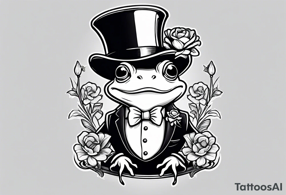 Cute Frog standing on back legs  in a top hat and a formal suit holding flowers to go on a date tattoo idea