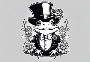 Cute Frog standing on back legs  in a top hat and a formal suit holding flowers to go on a date tattoo idea