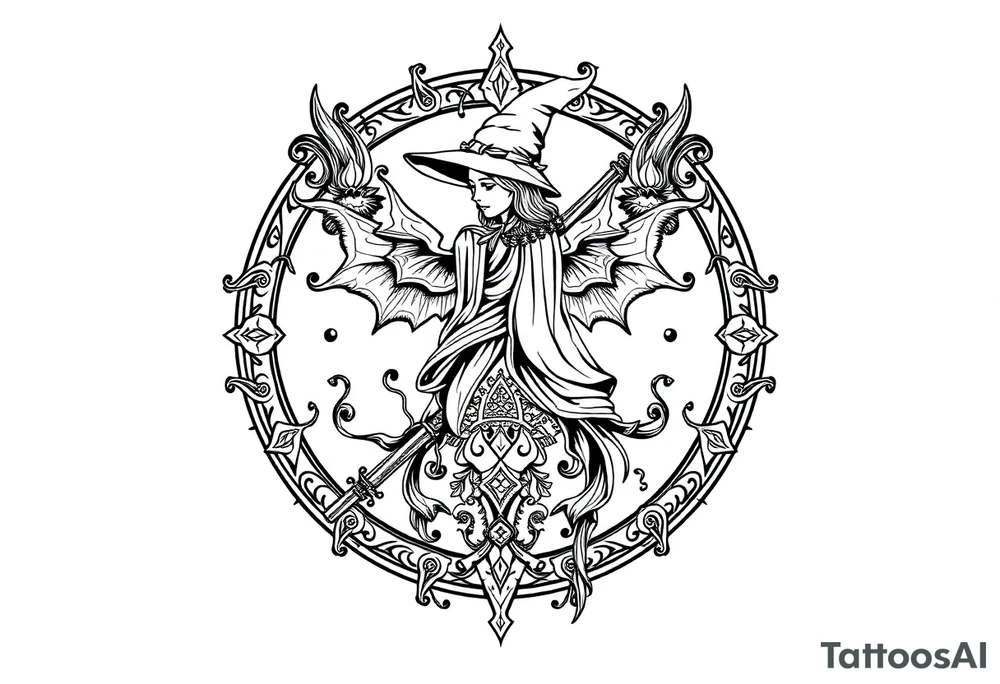 mystical and long ornament with witch mytolog and ancient rhyme tattoo idea