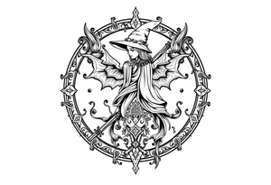 mystical and long ornament with witch mytolog and ancient rhyme tattoo idea