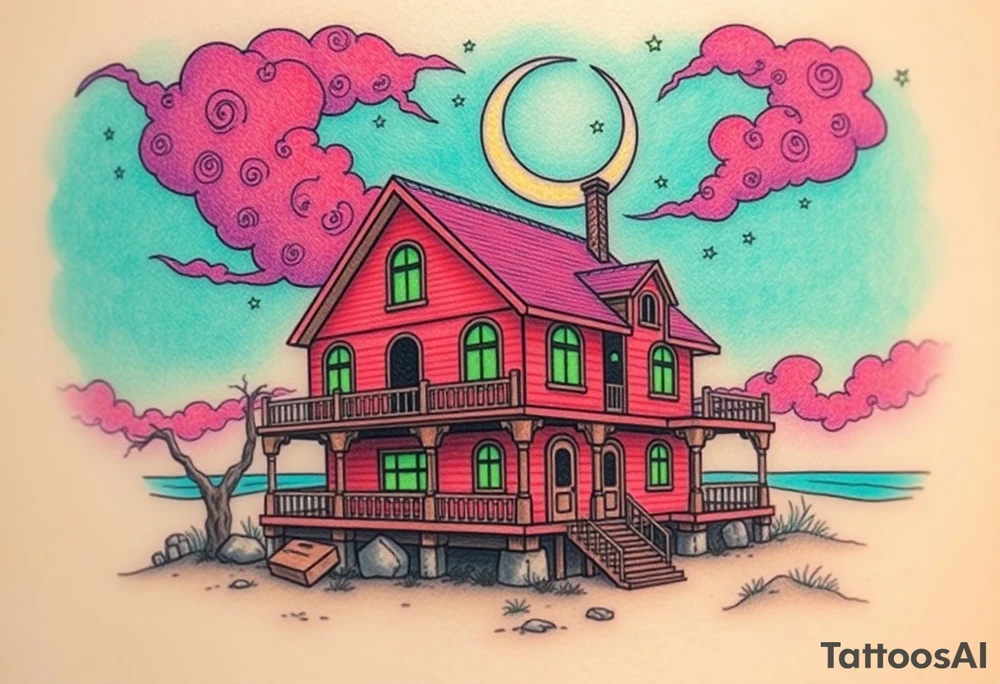 Tim Burton’s haunted pastel beach home is abandoned and dripping with muted reds, dusty pinks, and eerie green glow.purple and cyan smokey clouds swirl in the crescent moonlit sky thats sprinkled with stars tattoo idea tattoo idea