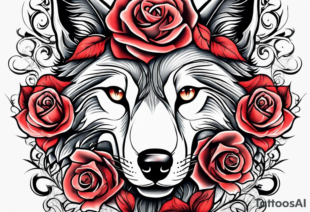 Rose with flames out of the top morphing into a wolf tattoo idea