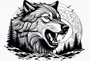 Powerful storm raging through forest with an alpha wolf snarling tattoo idea