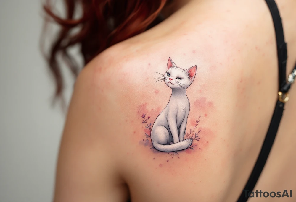A dainty tattoo of the white cat Marie from The Aristocats in soft shades of pink and gray. tattoo idea