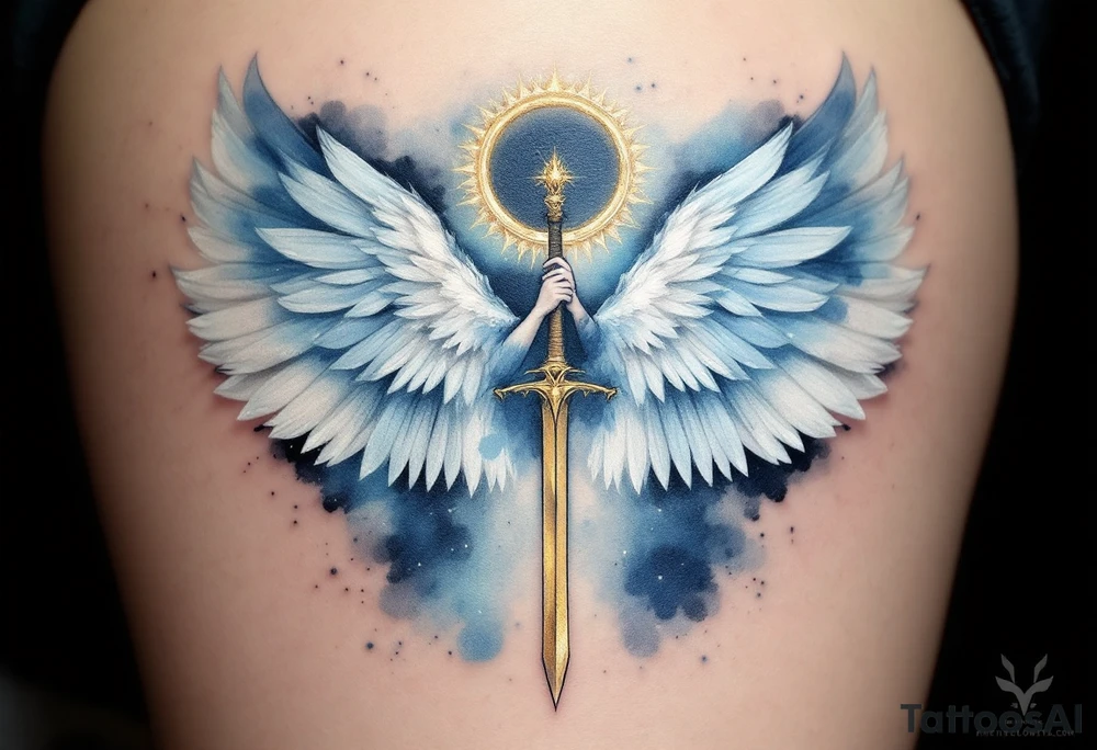 Angel with Wings Spread – A majestic angel with feathered wings in shades of white and soft blue, holding a golden sword. tattoo idea