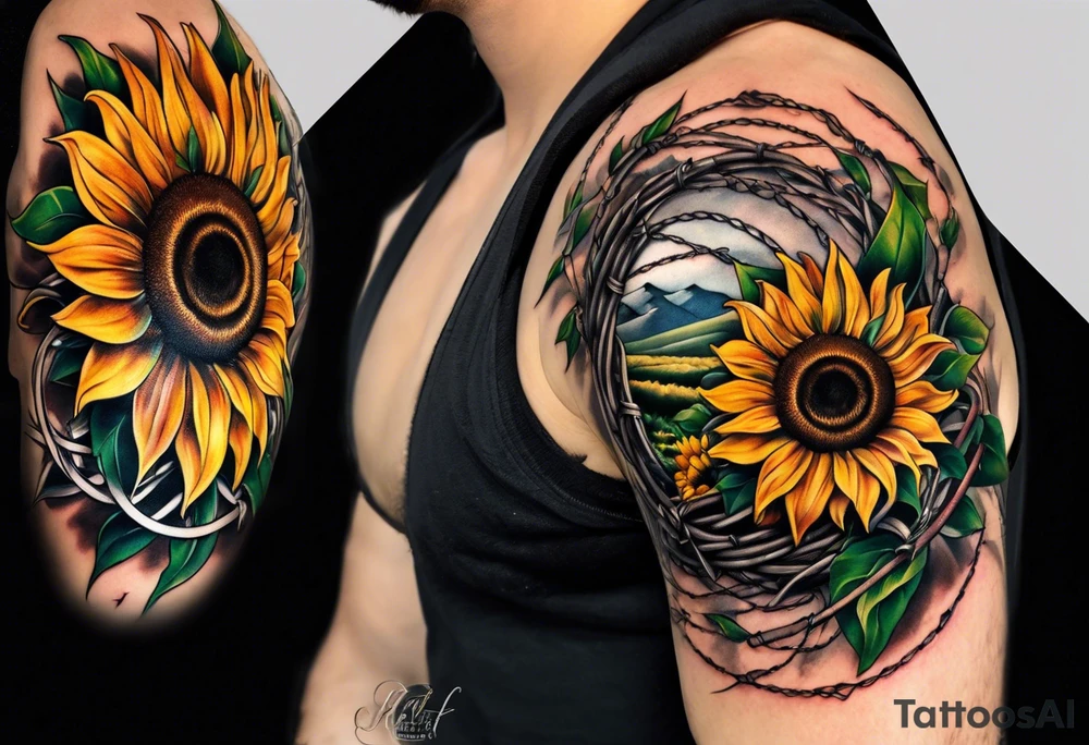 Sunflower, wheat, horseshoe, and barbed wire half sleeve tattoo idea