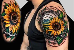 Sunflower, wheat, horseshoe, and barbed wire half sleeve tattoo idea