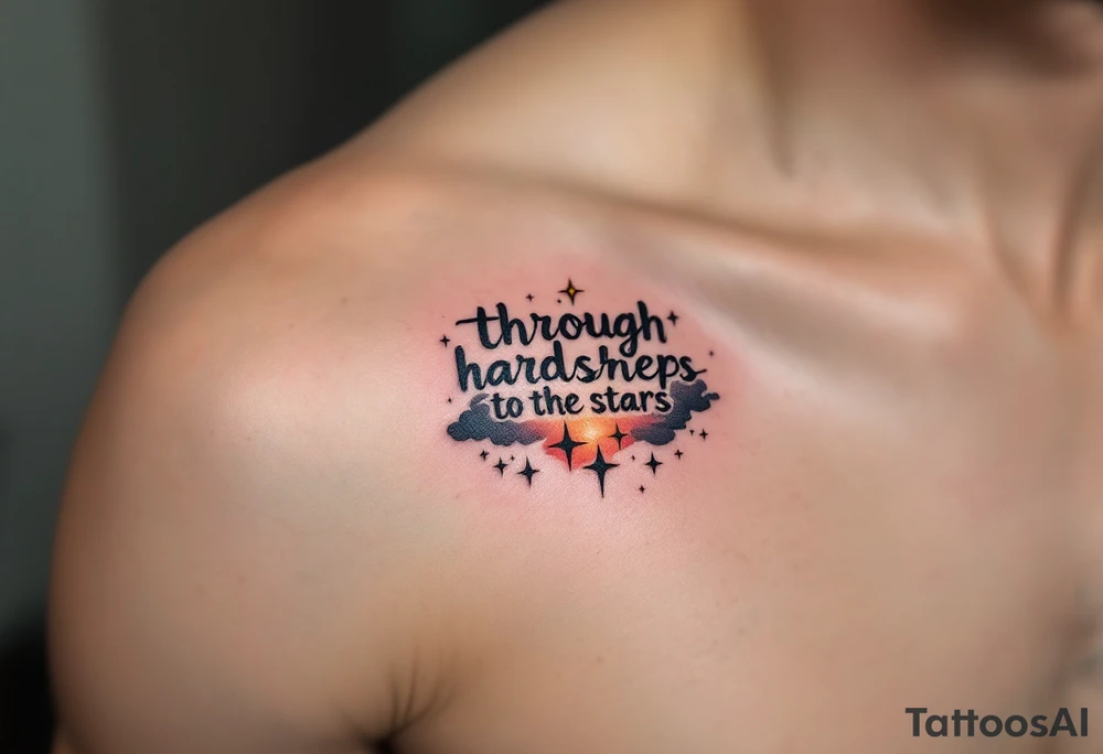 Inked in a burning gradient from red to orange, the quote “Through hardships to the stars” rises over storm clouds into twinkling silver stars. tattoo idea