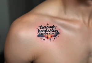 Inked in a burning gradient from red to orange, the quote “Through hardships to the stars” rises over storm clouds into twinkling silver stars. tattoo idea