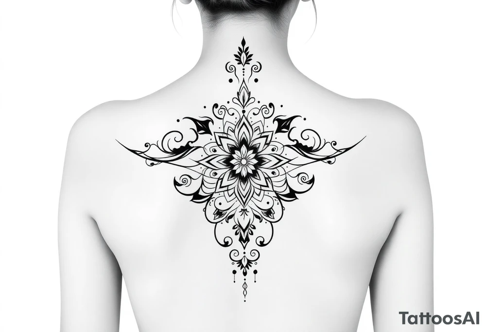spine tattoo design with symmetrical ornamental patterns, combining dotwork, mandala elements, and flowing lines that follow the natural curves of the body with tribal-inspired lower back tattoo with sweeping symmetrical curves, bold linework, and soft floral accents, creating a feminine yet powerful aesthetic. The design is intricate and balanced. tattoo idea