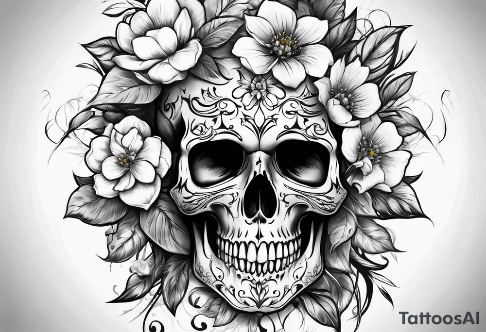 SKULL FULL FACE WITH FLOWER tattoo idea