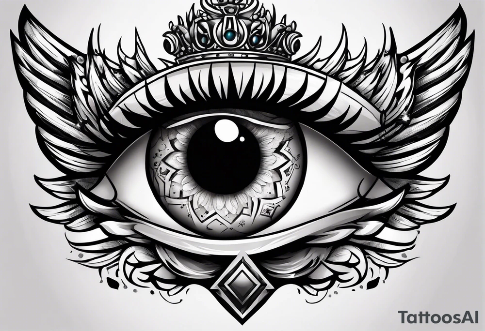 big eye with wings and crown tattoo idea