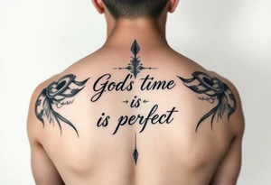 Backbone tatto for men write in a vertical way “God’s time is perfect”

Improve writing ina vertical way tattoo idea