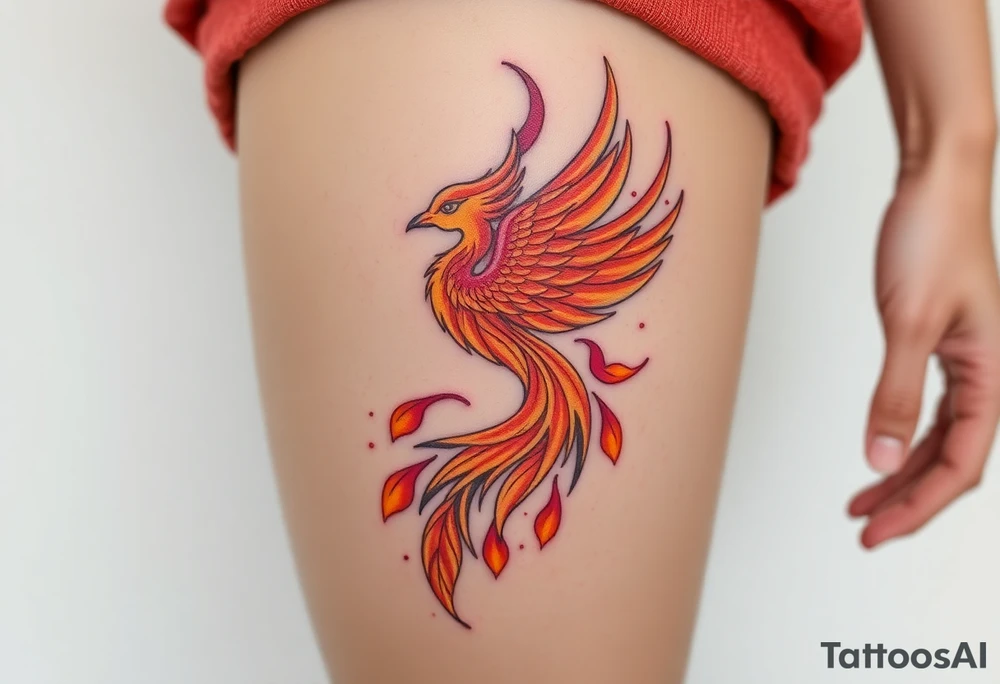 magnificent phoenix rising from flames with trailing embers pinks golds orange and yellows tattoo idea