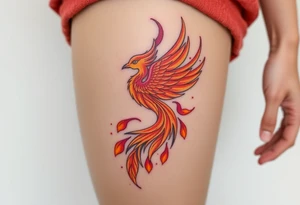 magnificent phoenix rising from flames with trailing embers pinks golds orange and yellows tattoo idea