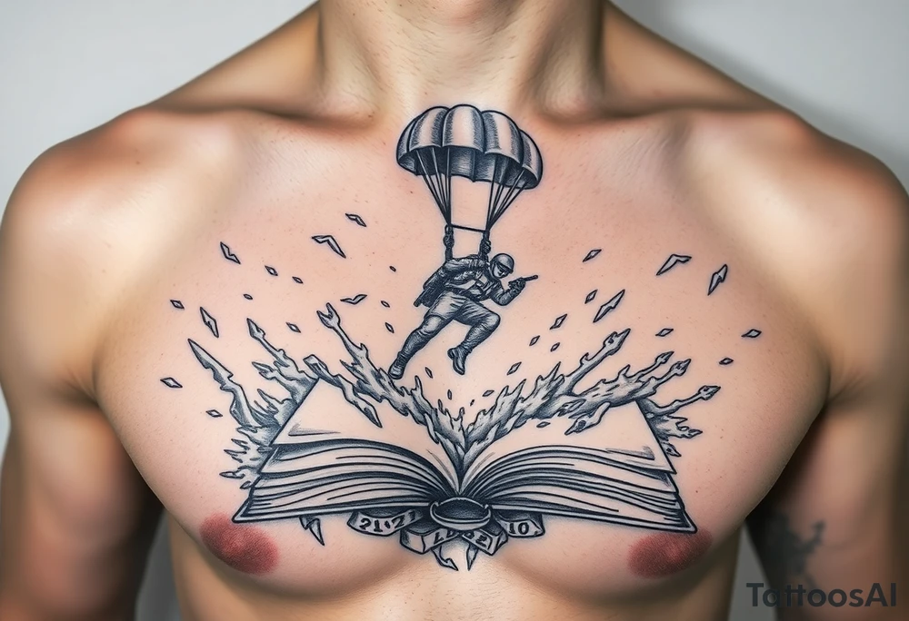 A parachuting soldier landing into an open book. Chaos surrounding, but the book is protecting the soldier from it. On the chest. Make it smaller. Thought provoking tattoo idea