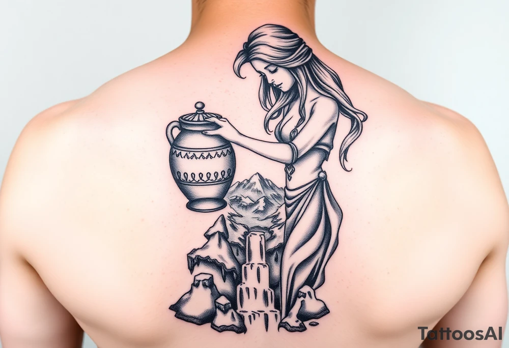 Beautiful female water bearer pouring an urn of water that flows into the Colorado mountain range tattoo idea