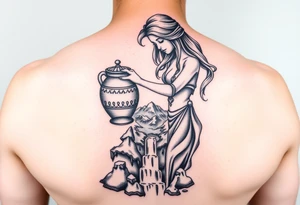 Beautiful female water bearer pouring an urn of water that flows into the Colorado mountain range tattoo idea