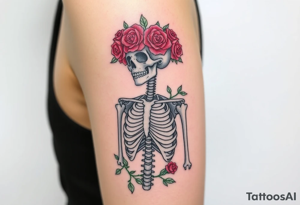 Rose-Crowned Skeleton Lady – A delicate ivory skeleton with a floral crown of deep red and pink roses, symbolizing beauty beyond death. The ribs entwined with green vines add a soft, feminine touch. tattoo idea