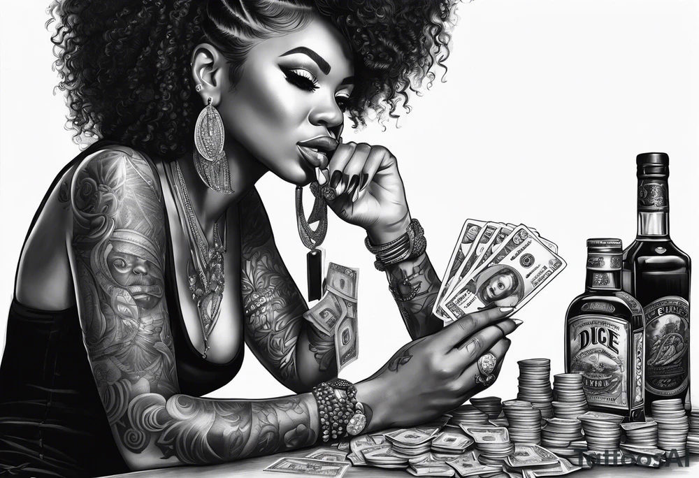 black woman bitting money dice cards whiskey tattoo idea