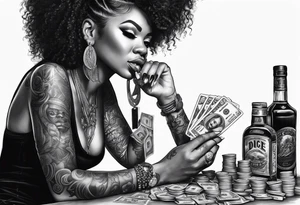 black woman bitting money dice cards whiskey tattoo idea