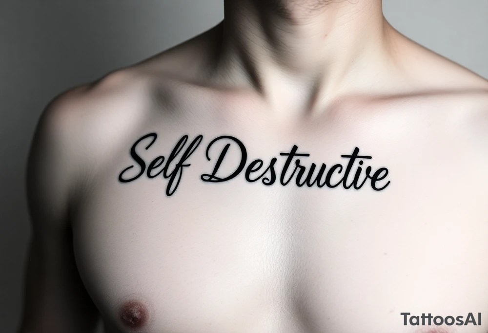 Outline of the words Self Destructive in a bold think cursive font lettering across the chest tattoo idea