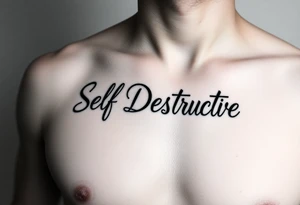 Outline of the words Self Destructive in a bold think cursive font lettering across the chest tattoo idea
