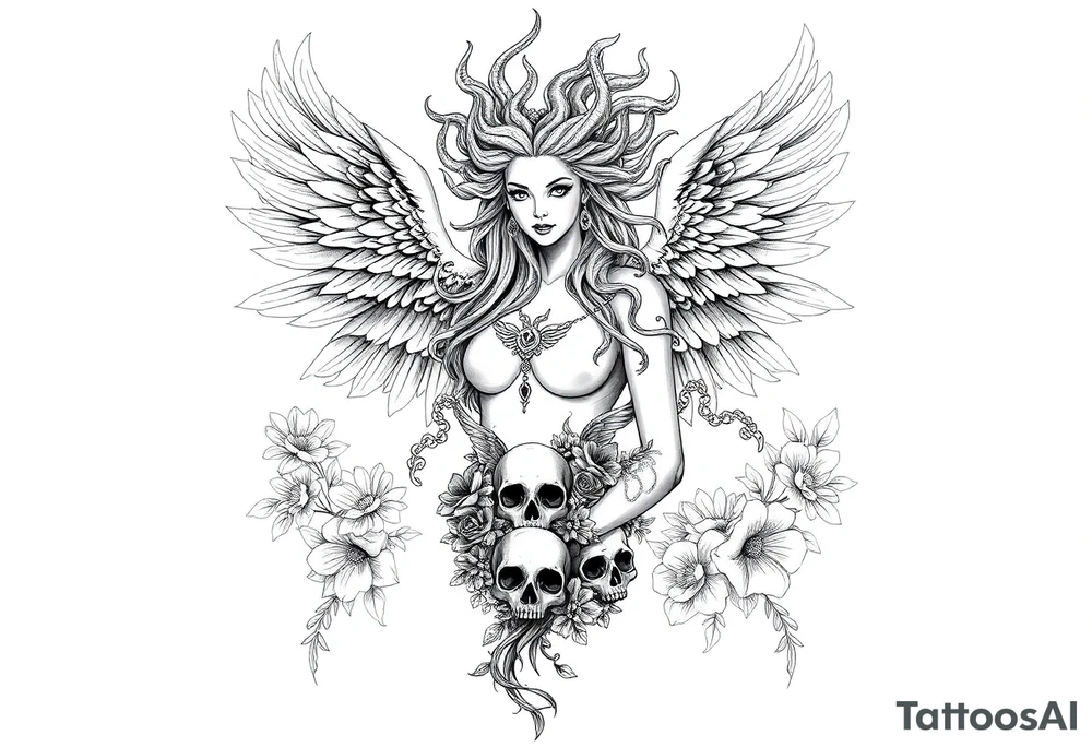 Ethereal Medusa standing. She is beautiful and feminine. She is a phoenix rising from fire and ash. Surrounded by flowers and skulls. Incorporate the phoenix into Medusa tattoo idea