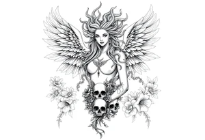 Ethereal Medusa standing. She is beautiful and feminine. She is a phoenix rising from fire and ash. Surrounded by flowers and skulls. Incorporate the phoenix into Medusa tattoo idea