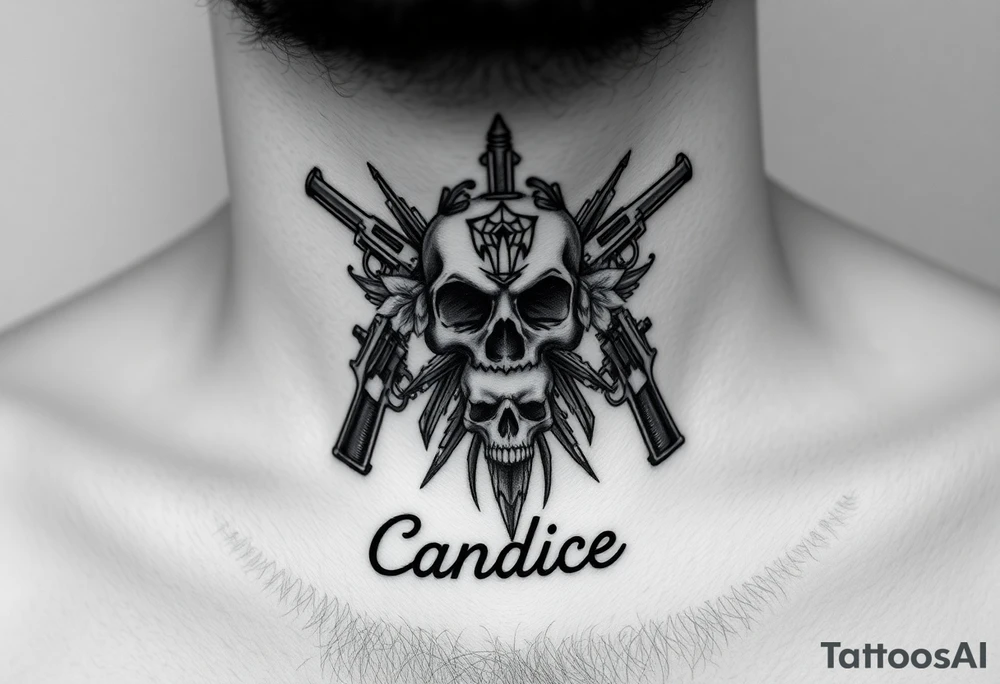 Throat piece hustler bouquet work skulls guns and the name Candice tattoo idea