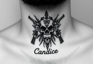 Throat piece hustler bouquet work skulls guns and the name Candice tattoo idea
