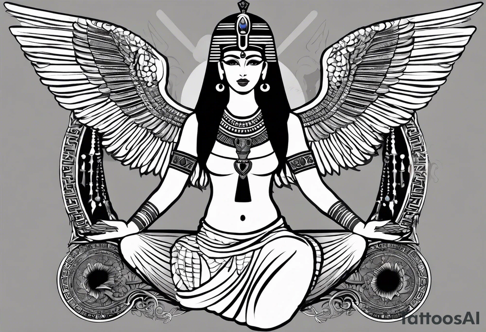 black and white Egyptian goddess Isis, who is often depicted as a woman with outstretched wings, holding an ankh (a symbol of life) in one hand and a lotus flower in the other. Her headdress often includes a throne or a solar disk. The tattoo design can vary in style and size, but it typically aims to capture the essence of this revered Egyptian deity, emphasizing her beauty, power, and maternal qualities. The choice of colors and additional elements can also be customized to create a unique and visually striking representation of the goddess Isis tattoo idea