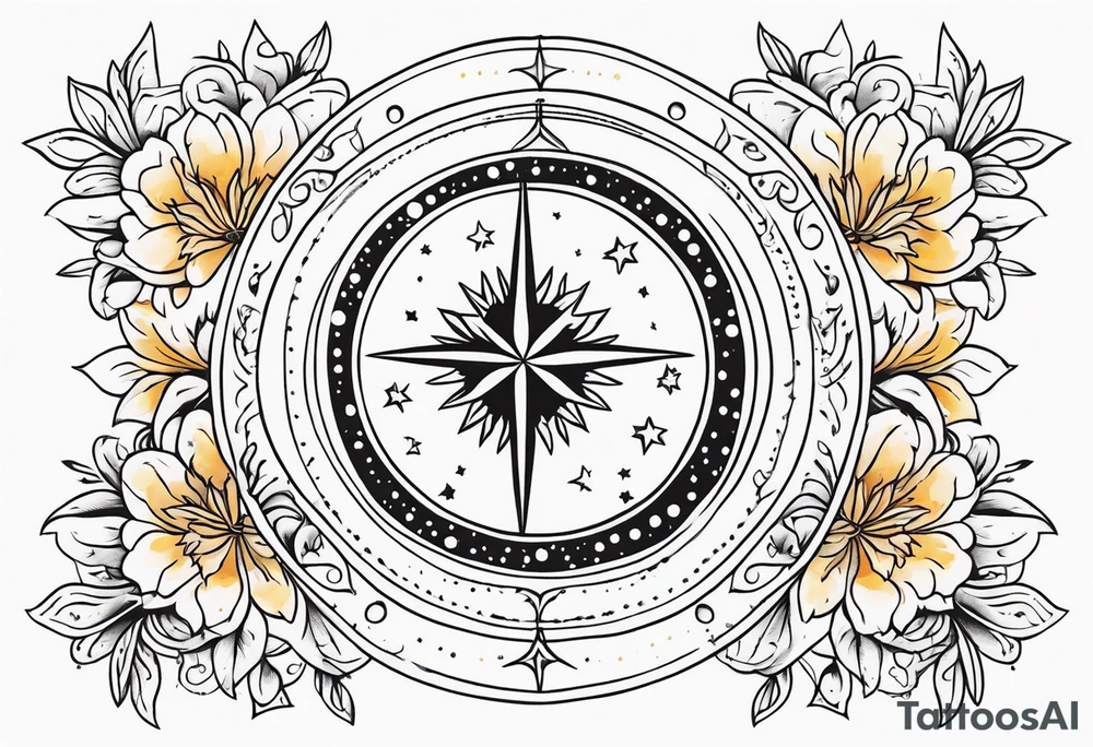 Western floral with sun stars and moon. Mirrored with swirls and dots tattoo idea