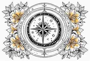 Western floral with sun stars and moon. Mirrored with swirls and dots tattoo idea