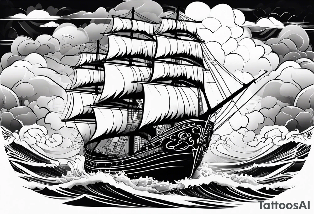 Art deco style Japanese ship on the sea with storm clouds and lightning tattoo idea