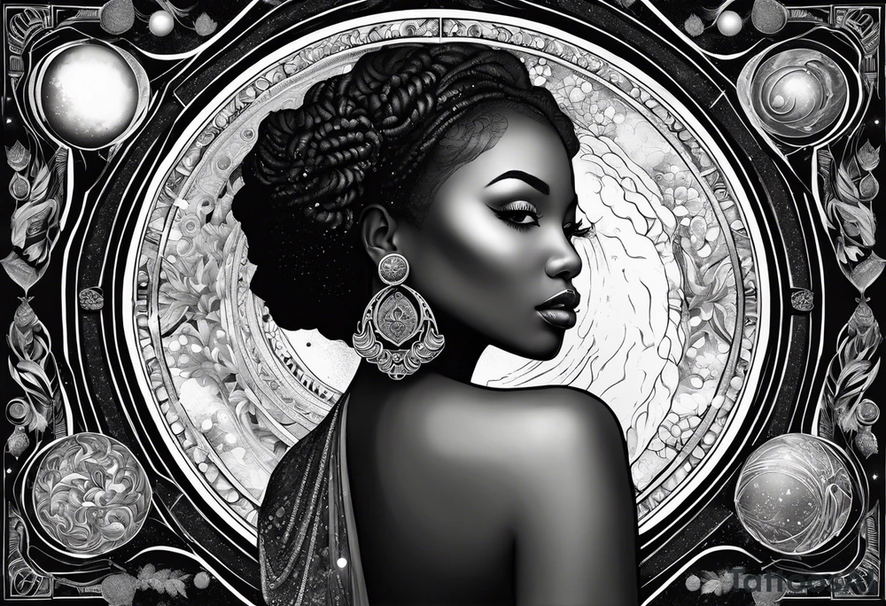 Black woman, royalty, enlightenment, wisdom, astronomy, cancer zodiac, natural, tattoo idea