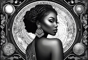 Black woman, royalty, enlightenment, wisdom, astronomy, cancer zodiac, natural, tattoo idea