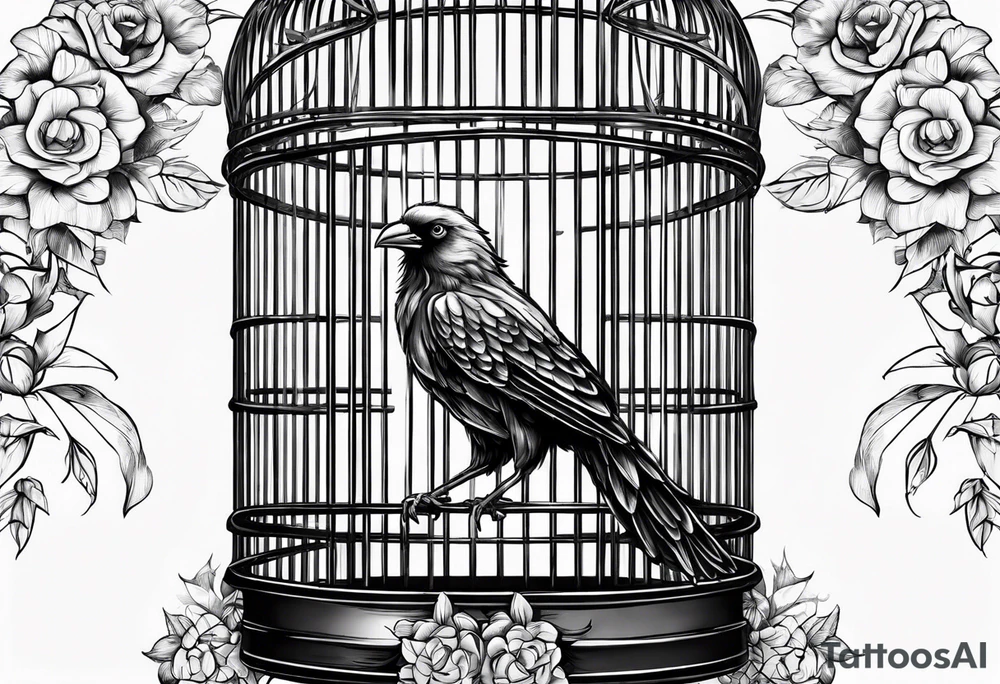 really big bird in a long but too small cage for him. the bird seats in the cage and the wings of the bird passing threw the bars of the cage.
 Add decoration outside the cage like flowers or foliage tattoo idea