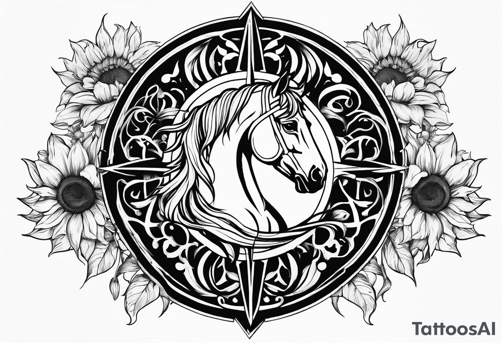 Horse, compass, sunflower tattoo idea