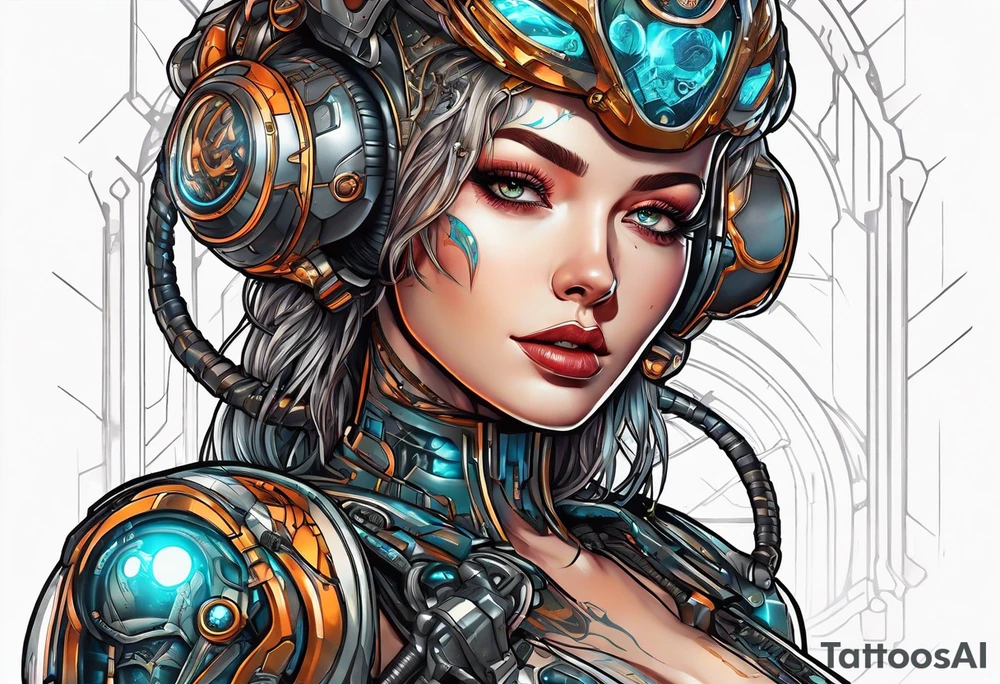 female cyborg with full body, retro futuristic, travel and movies tattoo idea