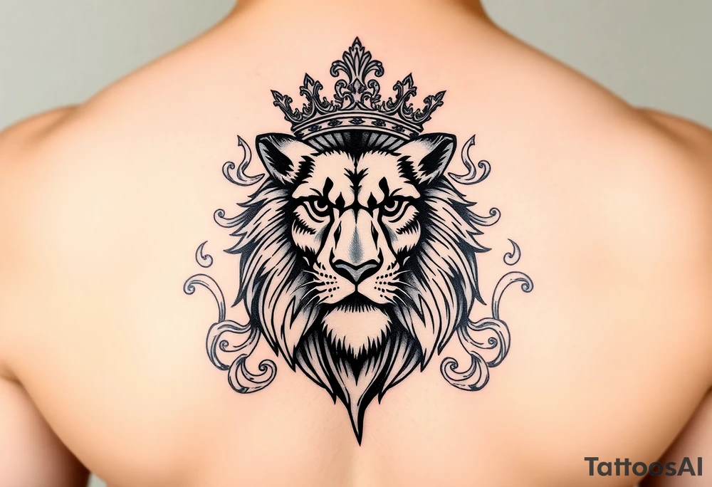 majestic lion wearing ornate crown, surrounded by baroque flourishes tattoo idea