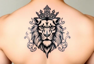 majestic lion wearing ornate crown, surrounded by baroque flourishes tattoo idea