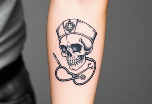 Skull 
nurse hat and a needle and stethoscope  in an elaborate vintage cameo tattoo idea