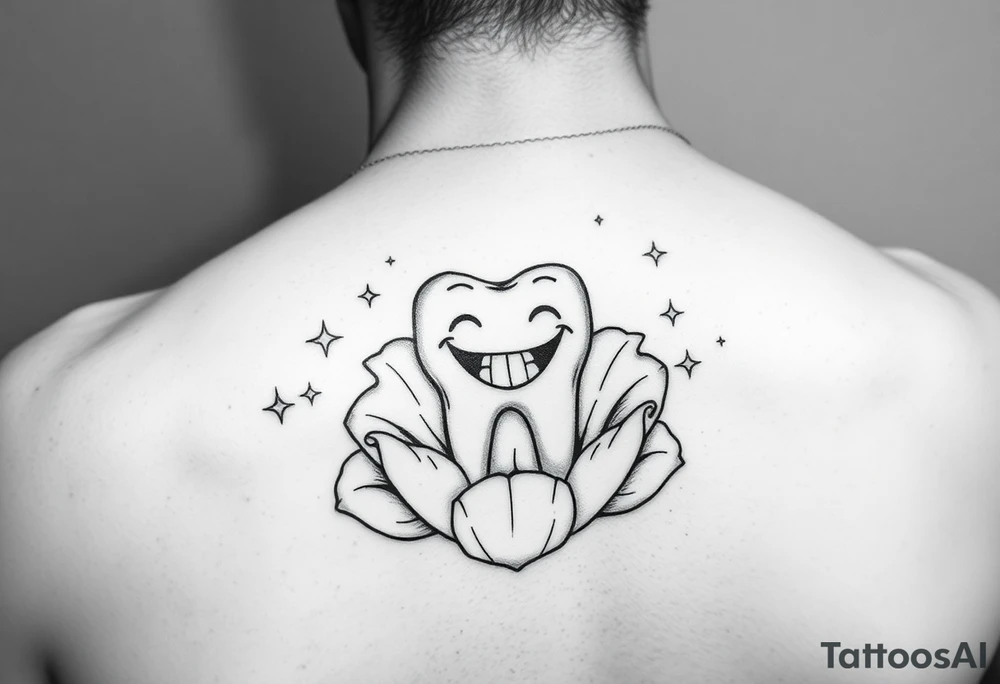 A smiling molar tooth sitting inside an open flower, surrounded by tiny sparkling stars, fine-line style, minimal and delicate. tattoo idea