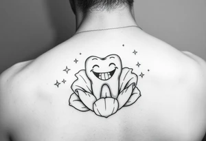 A smiling molar tooth sitting inside an open flower, surrounded by tiny sparkling stars, fine-line style, minimal and delicate. tattoo idea