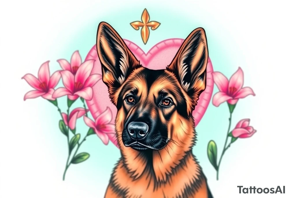 realistic german shepherd with alert ears looking protective with pink lilies in front of a sacred heart tattoo idea