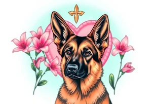 realistic german shepherd with alert ears looking protective with pink lilies in front of a sacred heart tattoo idea